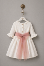 Vestido niña ceremonia bambula blanco con fajín de tul rosa elegante | Manga francesa - Imagen 4