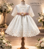 Vestido niña ceremonia elegante color crudo con fajín rosa empolvado.Arras, boda y eventos - Imagen 2