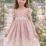 Vestido bambula salmón niña con encaje y lazo trasero