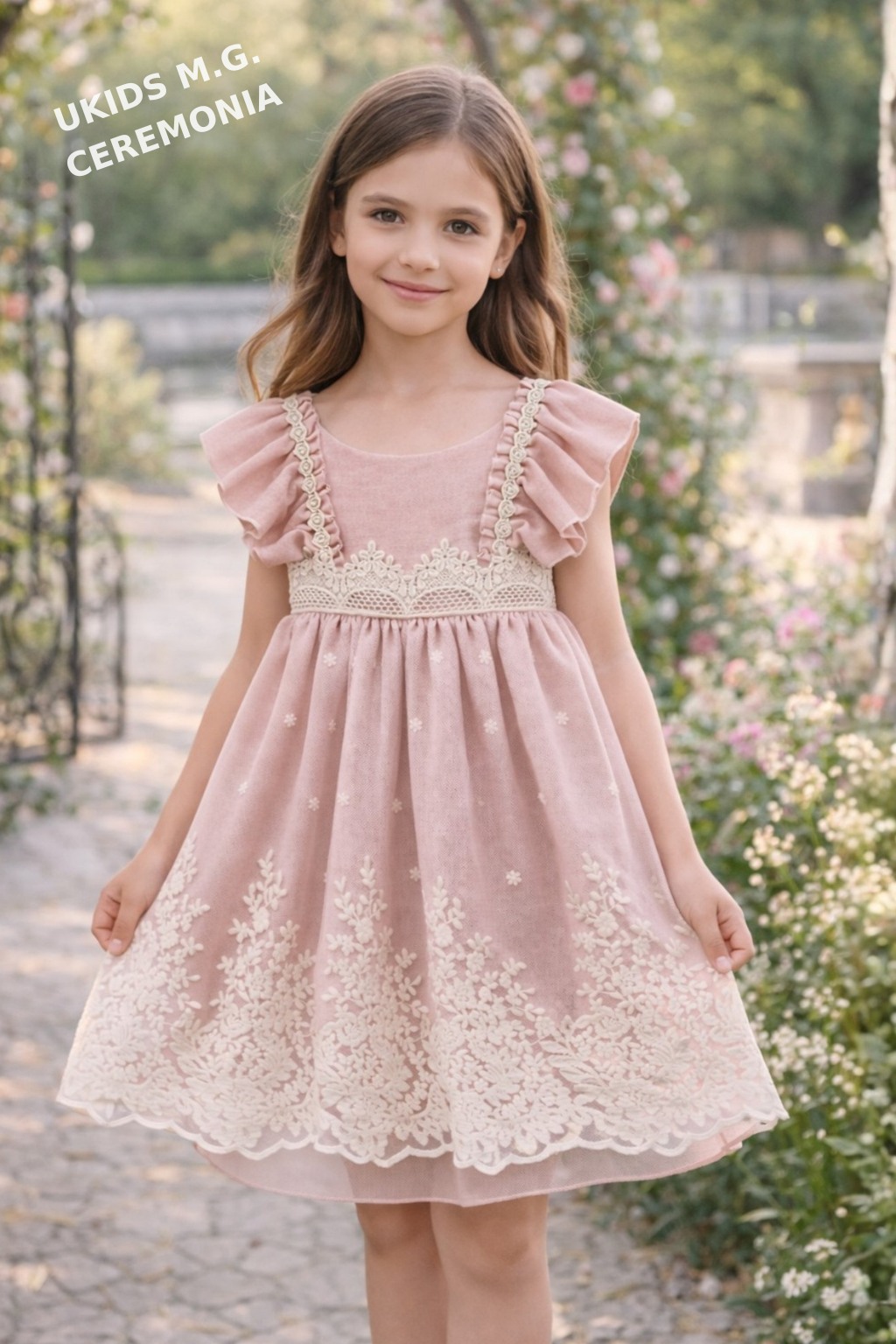 1 Vestido bambula salmón niña con encaje y lazo trasero - Imagen 1