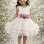 Vestido niña ceremonia blanco con flores y lazo rosa elegante