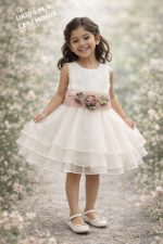 Vestido niña ceremonia blanco con flores y lazo rosa elegante