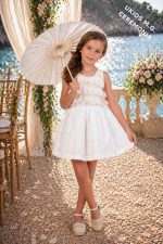 Vestido niña ceremonia blanco con tul y encaje – Espalda cruzada elegante