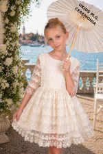 Vestido niña ceremonia beige con encaje y tul elegante  | Vestido arras niña