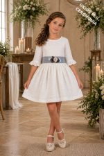Vestido niña ceremonia bambula blanco con fajín de Lino o Tul azul | Elegante manga francesa