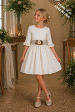 Vestido niña ceremonia elegante bambula con fajín lino arena