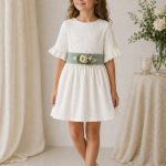 Vestido niña ceremonia elegante bambula con fajín lino o tul | Vestido arras infantil