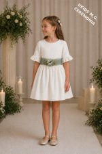Vestido niña ceremonia elegante bambula con fajín lino o tul | Vestido arras infantil - Imagen 3