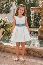 Vestido niña ceremonia elegante de bambula con lazo de tul (azul, rosa o verde) y detalle floral - Imagen 4