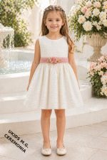 Vestido niña ceremonia elegante de bambula con lazo de tul (azul, rosa o verde) y detalle floral - Imagen 6