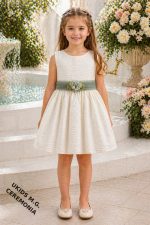 Vestido niña ceremonia elegante de bambula con lazo de tul (azul, rosa o verde) y detalle floral - Imagen 2