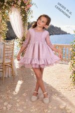 Vestido niña rosa empolvado elegante con tul y encaje – Vestido ceremonia infantil con volantes