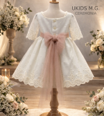 Vestido niña ceremonia elegante color crudo con fajín rosa empolvado.Arras, boda y eventos - Imagen 3