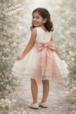 Vestido niña ceremonia blanco con flores y lazo rosa elegante - Imagen 2