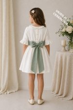 Vestido niña ceremonia elegante bambula con fajín lino o tul | Vestido arras infantil - Imagen 2