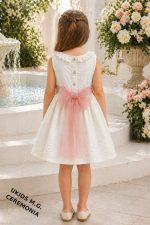 Vestido niña ceremonia elegante de bambula con lazo de tul (azul, rosa o verde) y detalle floral - Imagen 7