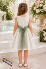 Vestido niña ceremonia elegante de bambula con lazo de tul (azul, rosa o verde) y detalle floral - Imagen 3