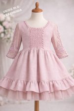Vestido niña rosa empolvado elegante con tul y encaje – Vestido ceremonia infantil con volantes - Imagen 3
