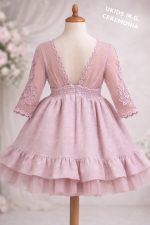 Vestido niña rosa empolvado elegante con tul y encaje – Vestido ceremonia infantil con volantes - Imagen 4