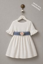 Vestido niña ceremonia bambula blanco con fajín de Lino o Tul azul | Elegante manga francesa - Imagen 7