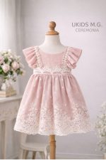 Vestido bambula salmón niña con encaje y lazo trasero - Imagen 3