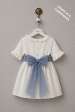 Vestido niña ceremonia bambula blanco con fajín de Lino o Tul azul | Elegante manga francesa - Imagen 8