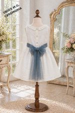 Vestido niña ceremonia elegante de bambula con lazo de tul (azul, rosa o verde) y detalle floral - Imagen 5