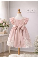 Vestido bambula salmón niña con encaje y lazo trasero - Imagen 4