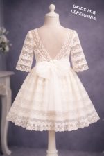 Vestido niña ceremonia beige con encaje y tul elegante  | Vestido arras niña - Imagen 4