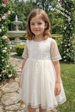 Vestido niña ceremonia blanco roto tul plumeti con jaretas elegante "Colección Camelia"