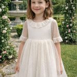 Vestido niña ceremonia beige tul plumeti elegante manga corta, "Colección Camelia"