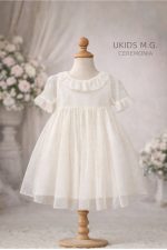 Vestido niña ceremonia beige tul plumeti elegante manga corta, "Colección Camelia" - Imagen 3