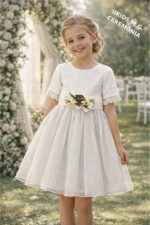Vestido niña ceremonia elegante gris y blanco con tul y flores