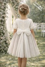 Vestido niña ceremonia elegante gris y blanco con tul y flores - Imagen 2
