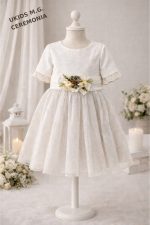 Vestido niña ceremonia elegante gris y blanco con tul y flores - Imagen 3