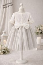 Vestido niña ceremonia elegante gris y blanco con tul y flores - Imagen 4