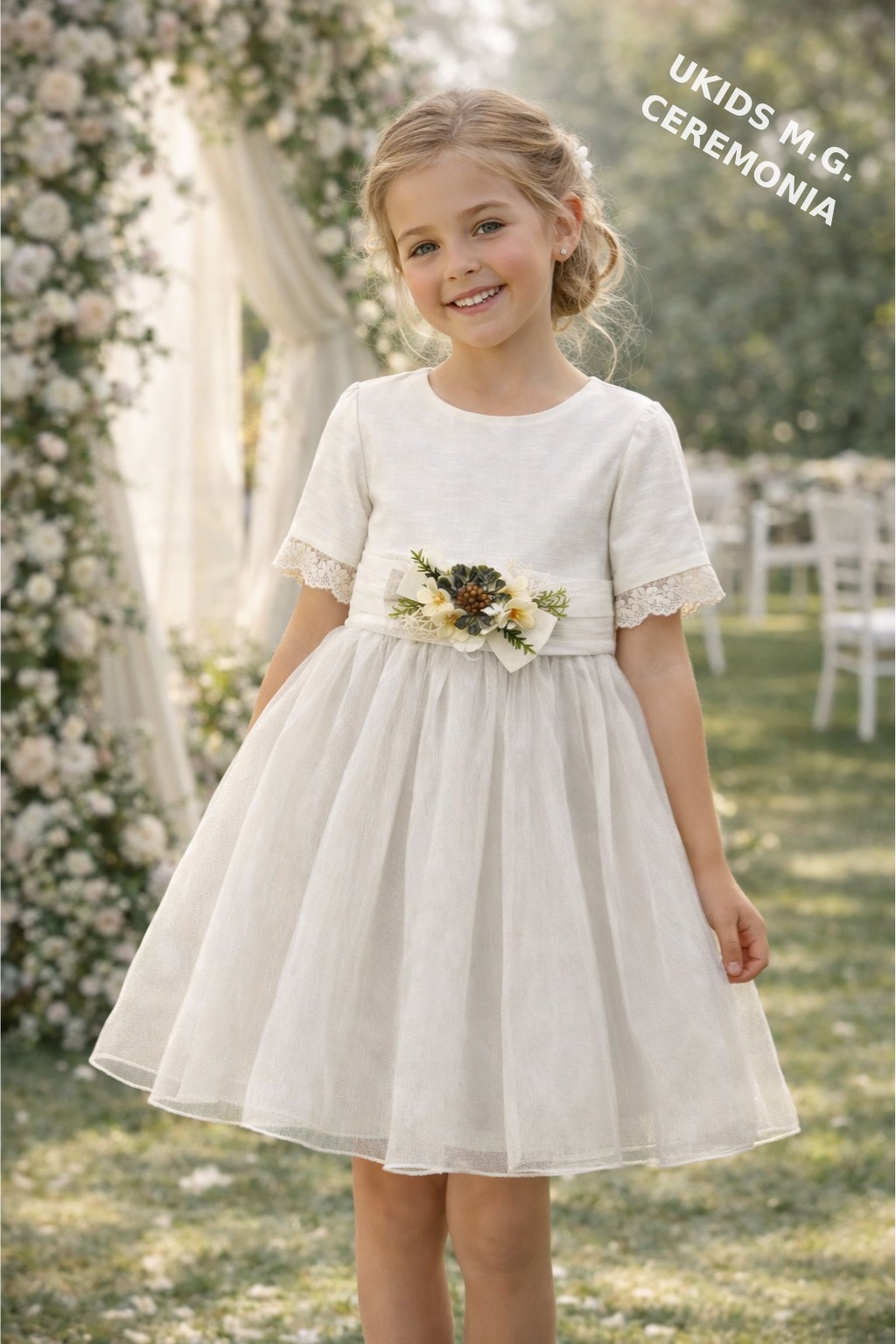 5003 Vestido niña ceremonia elegante gris y blanco con tul y flores - Imagen 1