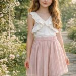 Conjunto niña ceremonia blusa blanca con volantes y falda tul rosa elegante