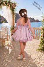 Vestido niña rosa empolvado elegante con tul y encaje – Vestido ceremonia infantil con volantes - Imagen 2