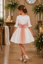 Vestido niña ceremonia bambula blanco con fajín de tul rosa elegante | Manga francesa - Imagen 2