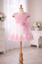 Vestido niña ceremonia rosa empolvado con tul bordado y lazo lateral elegante - Imagen 5