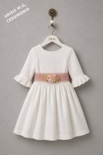Vestido niña ceremonia bambula blanco con fajín de tul rosa elegante | Manga francesa - Imagen 3