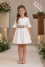 Vestido niña ceremonia verano elegante en bambula con fajín de lino malva y lazo trasero