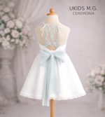 Vestido niña ceremonia blanco con lazo verde agua y espalda bordada - Imagen 5