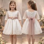 Vestido niña ceremonia elegante color crudo con fajín rosa empolvado.Arras, boda y eventos