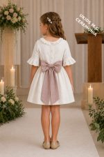 Vestido niña ceremonia verano elegante en bambula con fajín de lino malva y lazo trasero - Imagen 2