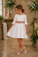 Vestido niña ceremonia bambula blanco con fajín de tul rosa elegante | Manga francesa