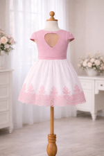 Vestido niña ceremonia rosa empolvado con tul bordado y lazo lateral elegante - Imagen 4