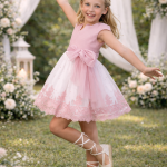 Vestido niña ceremonia rosa empolvado con tul bordado y lazo lateral elegante