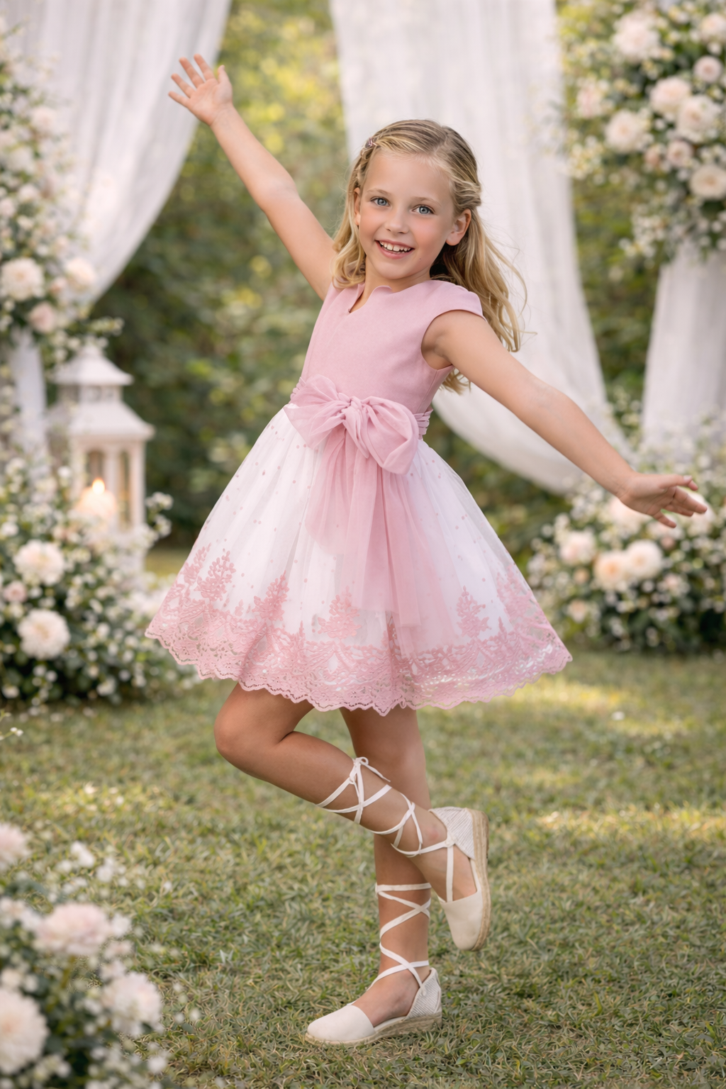 d2b31e4f-99e0-4b2a-a3e2-5268e15bc7cf Vestido niña ceremonia rosa empolvado con tul bordado y lazo lateral elegante - Imagen 1